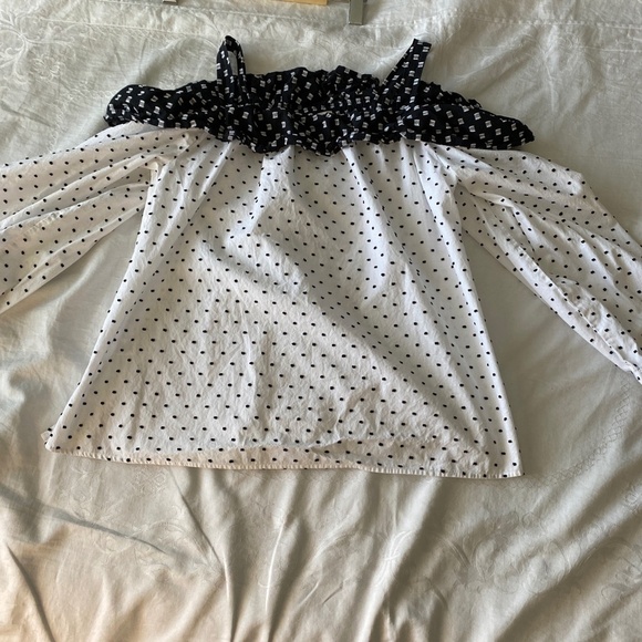 LOFT White Black Polka Dots Long Sleeve Cold Shoulder Top Swiss‎ Dot Size Medium - Picture 8 of 16